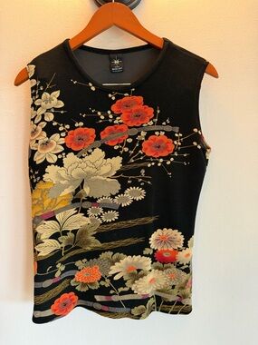 Connies Moon Light Floral Sleeveless Top Black Red Asian Inspired CM 6 USA Made